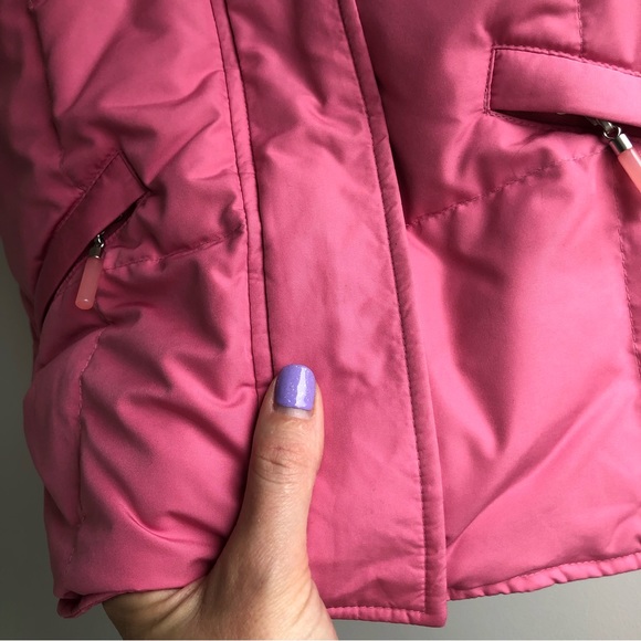TALBOTS Goose Down Feather Puffer Vest Pink Hidden Hood Full Zip Snap Sz SP - Picture 3 of 16